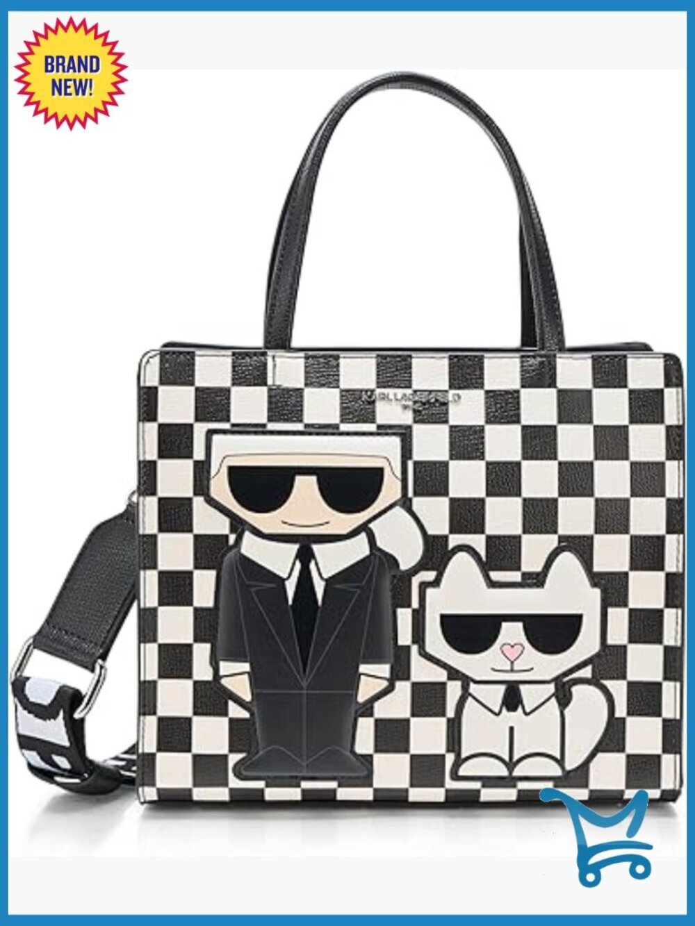 White/Black Multi Faux Leather Satchel with Adjustable Strap, Top Zip Closure
